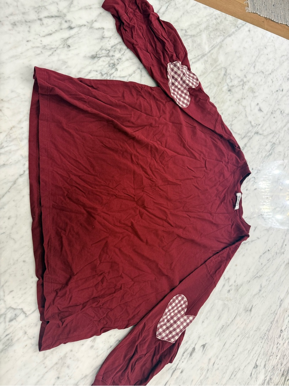 NEW Daydreamer Women’s Gingham Maroon Heart-Elbow Patch Long Sleeve Top - Picture 3 of 6